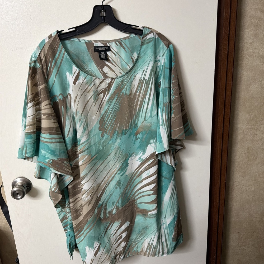 Valerie Stevens Womens Boho Artistic Blouse 20W Teal Abstract Flutter Sleeve Top